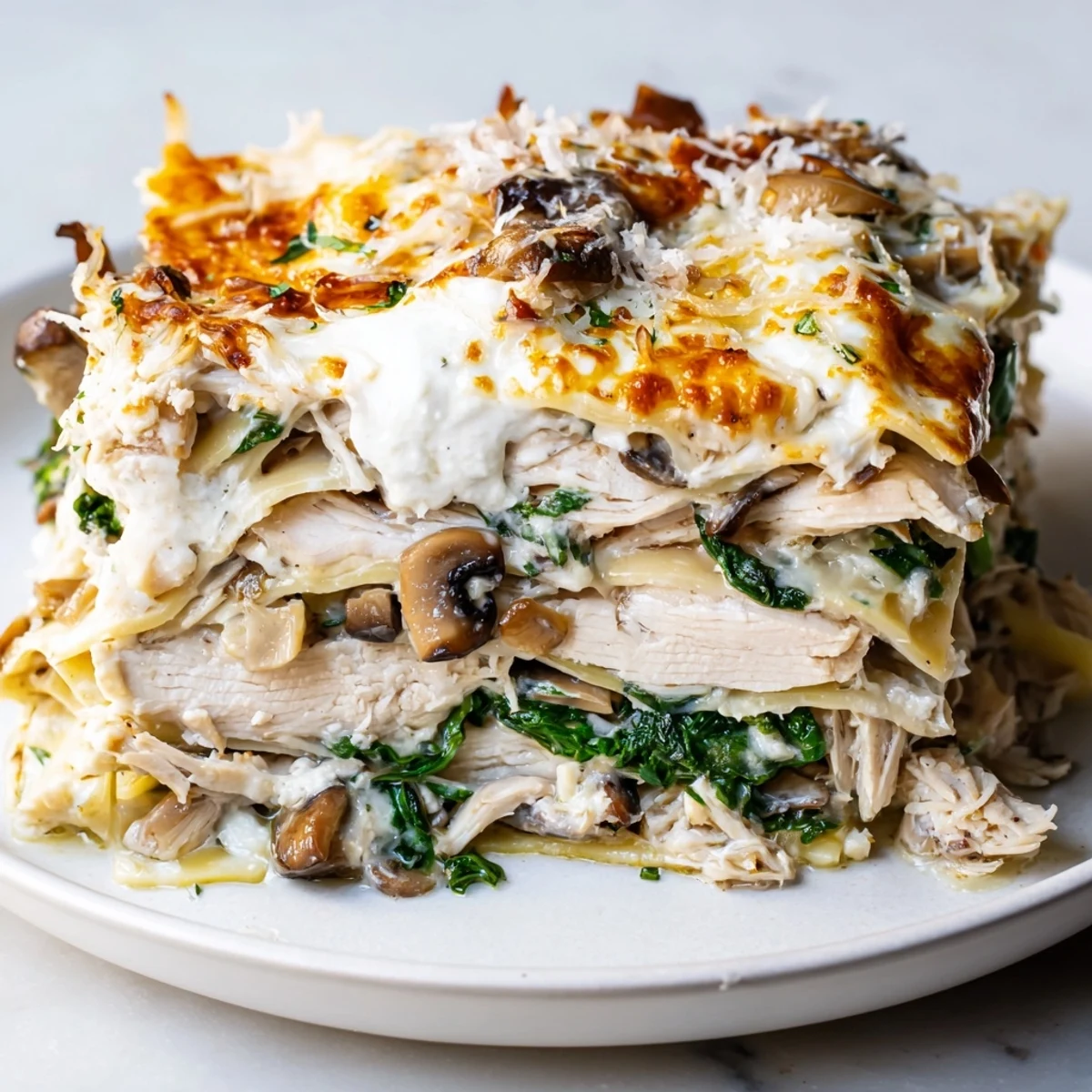 A golden slice of white chicken lasagna on a white plate