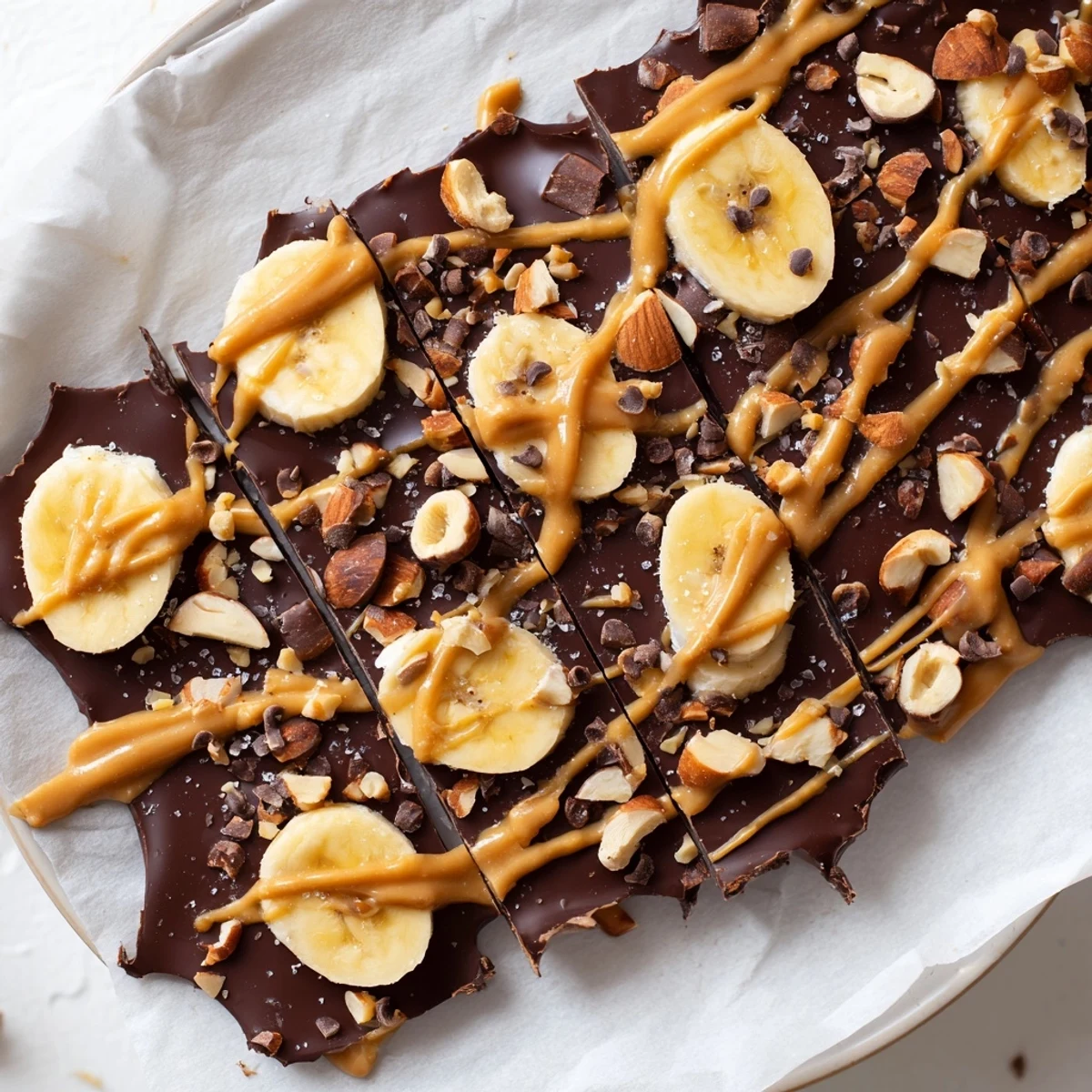Dark chocolate banana bark studded with roasted peanuts and a peanut butter drizzle