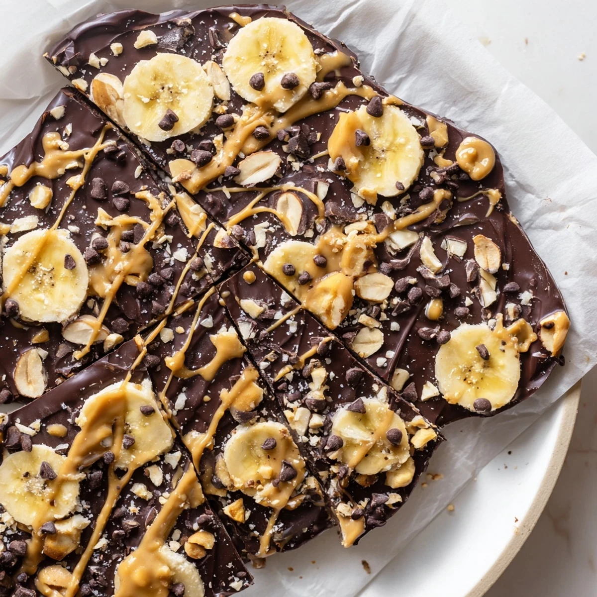 Glossy chocolate banana bark topped with crushed nuts and flaky sea salt