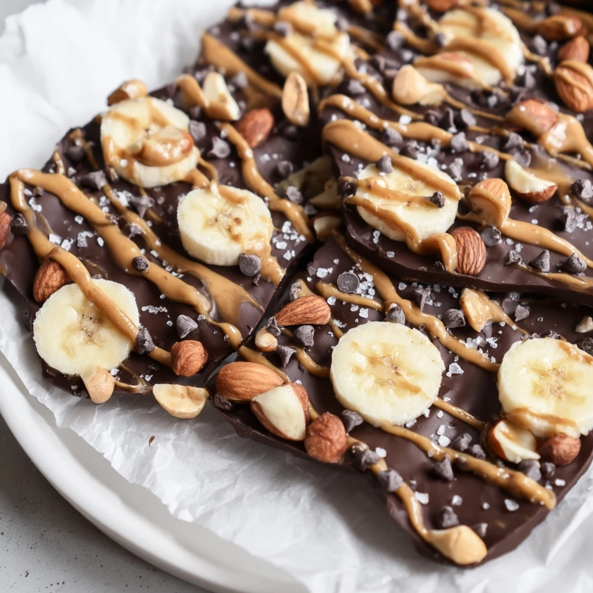 Crunchy frozen chocolate banana bark broken into rustic shards on parchment paper