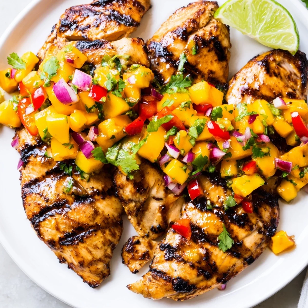 Golden honey lime chicken breasts topped with colorful mango salsa on a plate