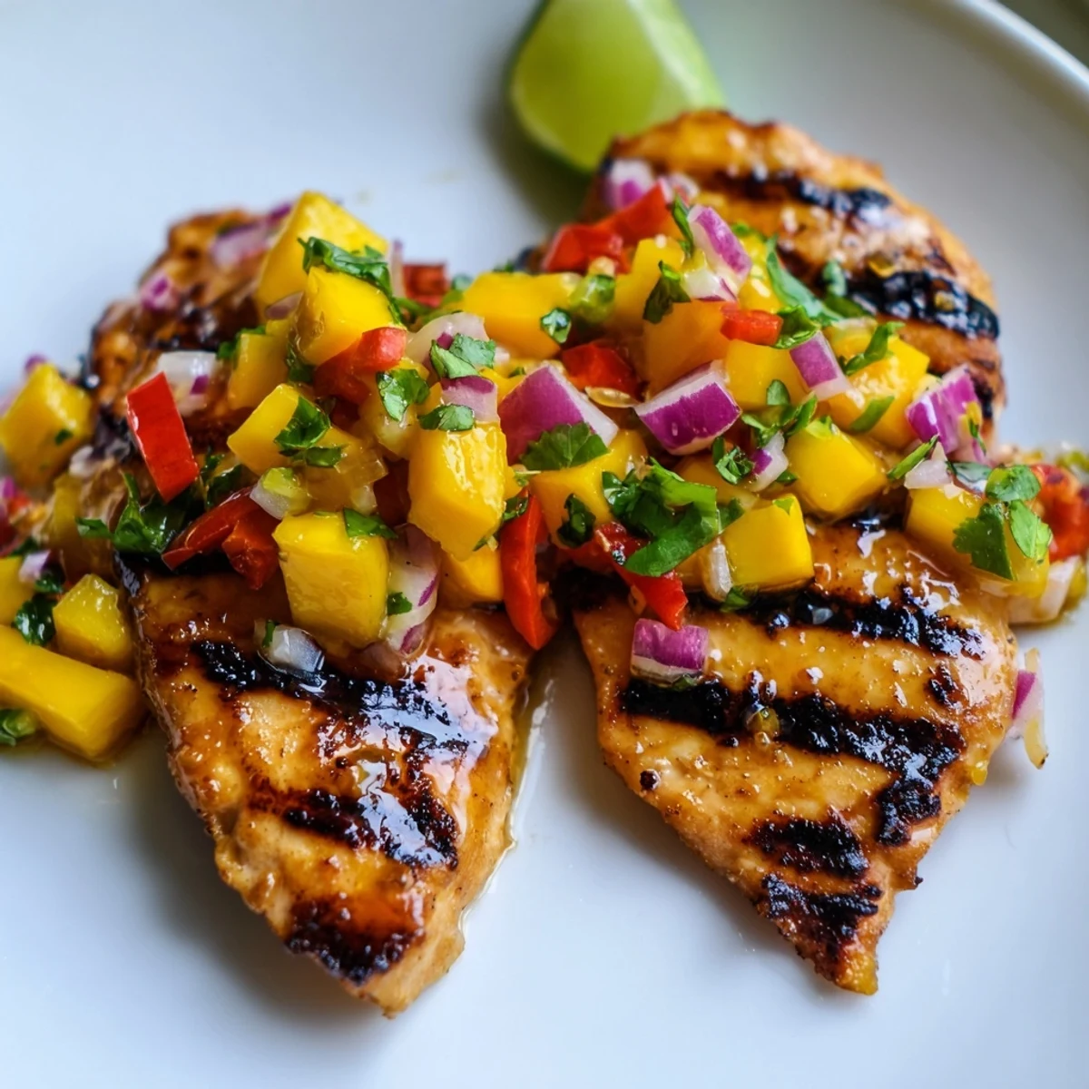 Grilled honey lime chicken sliced and drizzled with juices beside tropical mango salsa