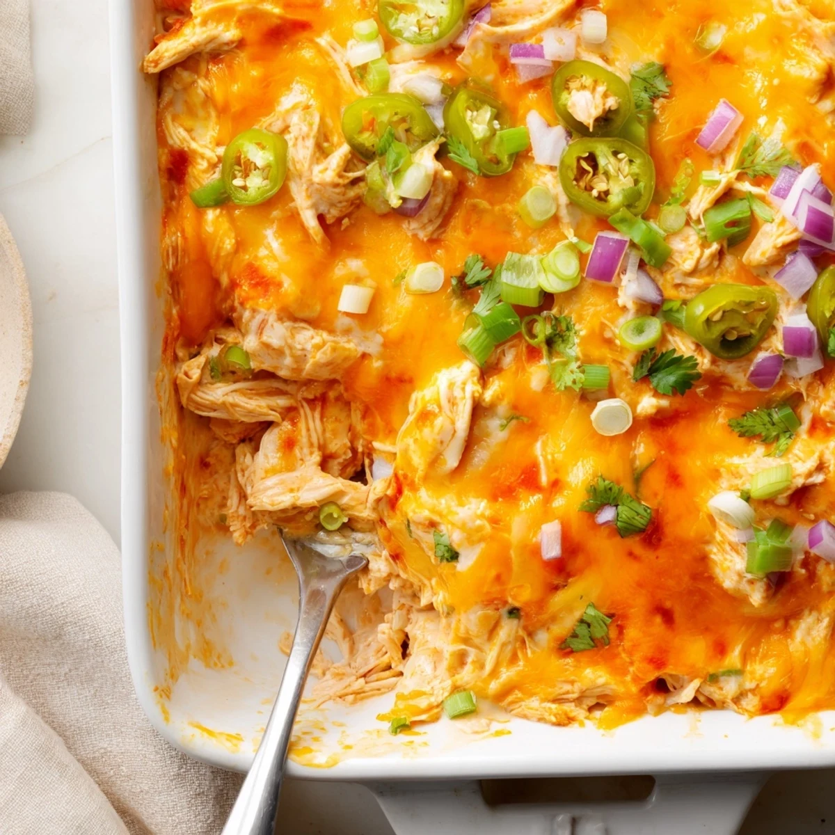 Golden baked jalapeno buffalo chicken casserole with melted cheddar and bubbling hot sauce