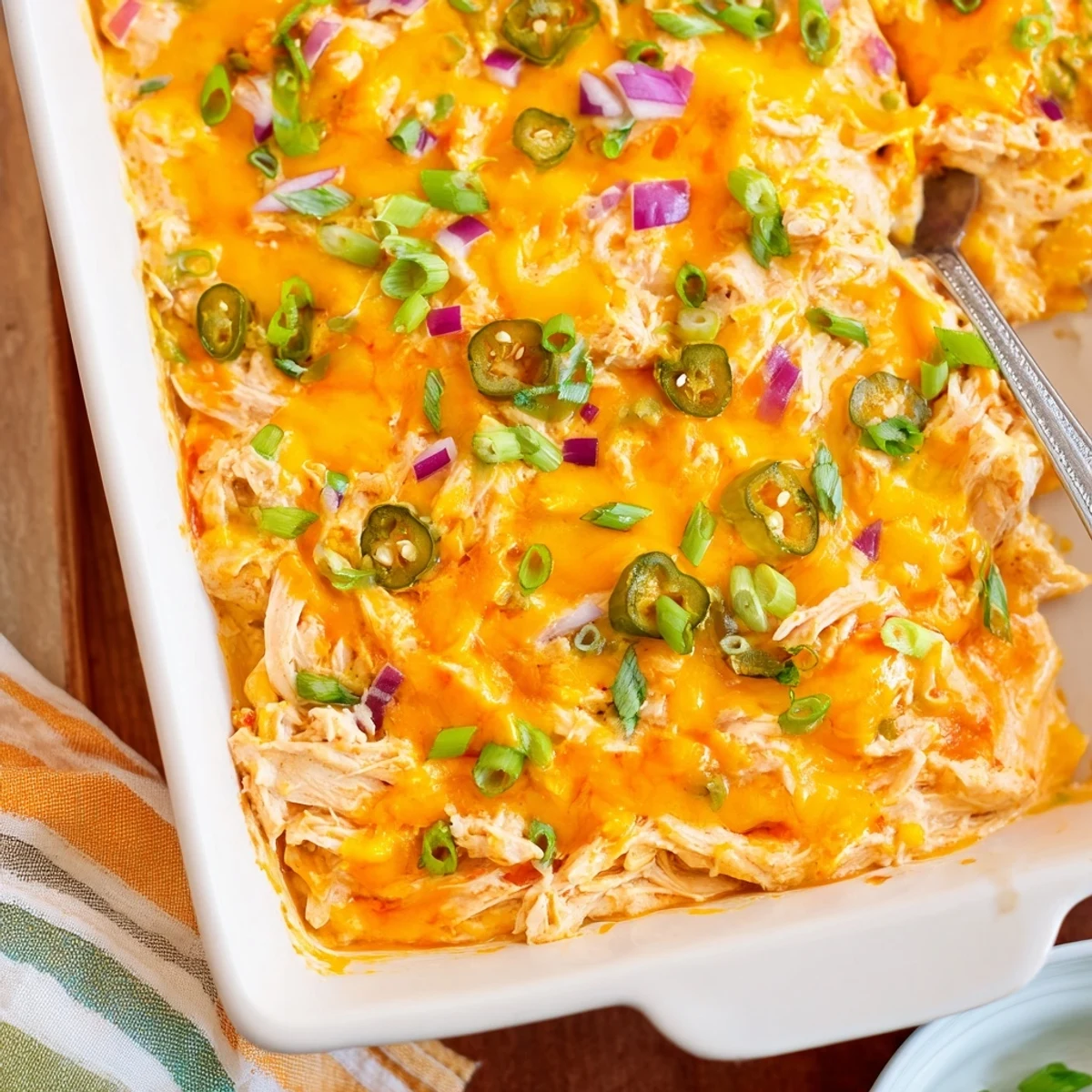 Creamy jalapeno buffalo chicken casserole topped with gooey cheese and fresh green onions