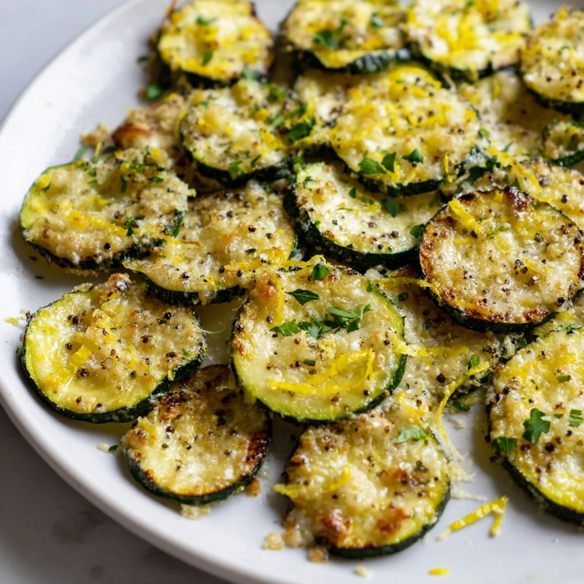Golden roasted lemon pepper Parmesan zucchini slices with melted cheese on a parchment-lined baking sheet