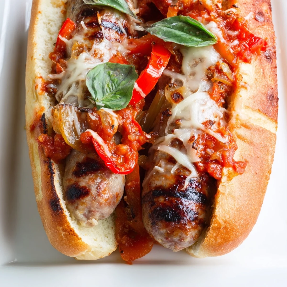 Smoky grilled sausage grinders loaded with charred tomato sauce on toasted rolls