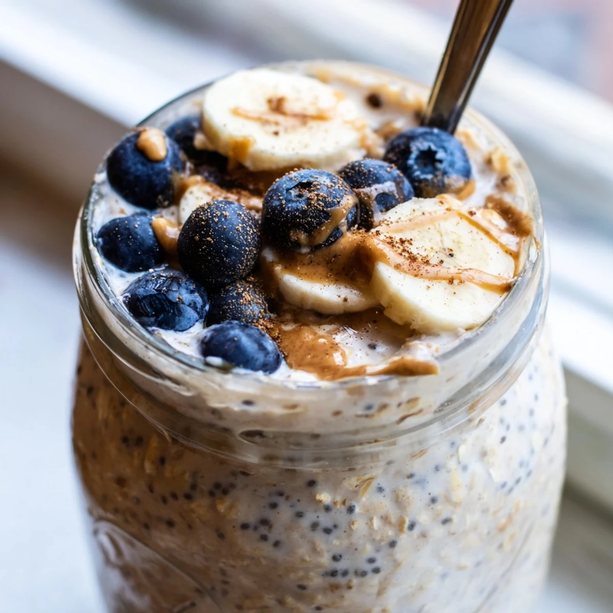 Creamy protein overnight oats topped with fresh berries in a glass jar