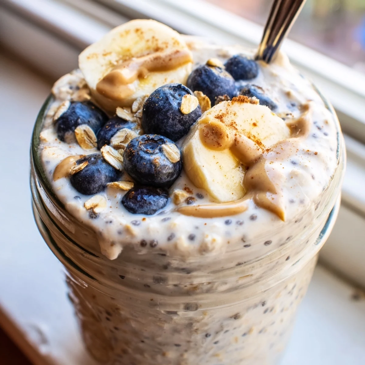 Thick protein overnight oats layered with banana slices and chia seeds