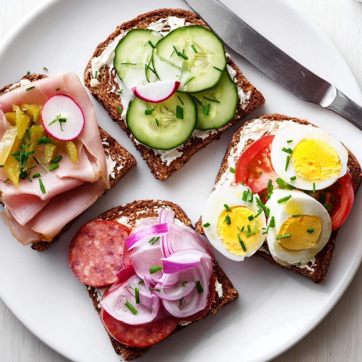 Open Faced Polish Sandwiches topped with fresh cucumbers, radishes, and chives on rye bread