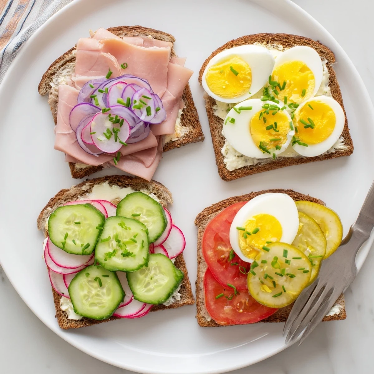 Buttered rye slices loaded with kielbasa, tomatoes, and garnished with chopped fresh chives