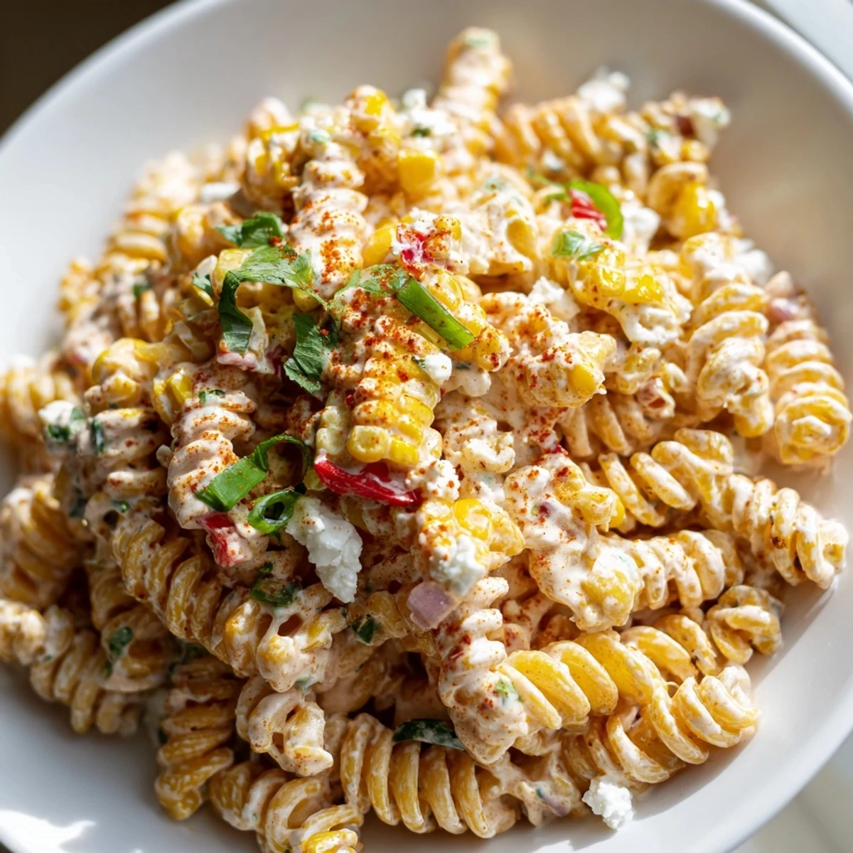Creamy elote street corn pasta salad topped with crumbled cotija cheese and fresh cilantro