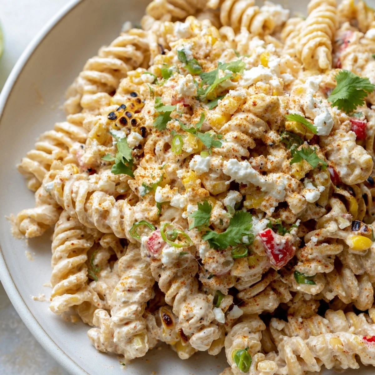 Smoky grilled corn and tender fusilli tossed in a tangy lime-chili dressing for this elote street corn pasta salad