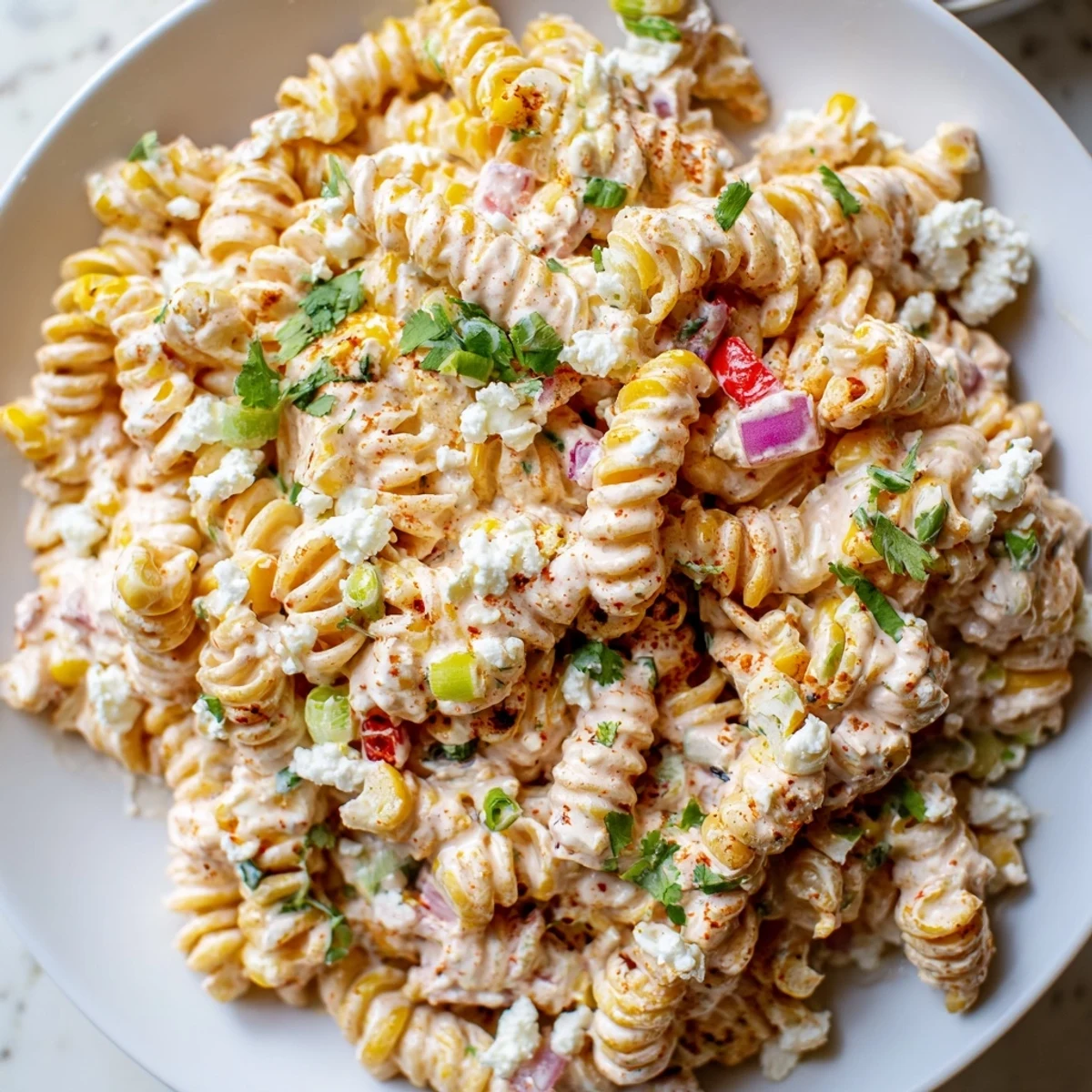 Vibrant elote street corn pasta salad served in a rustic bowl with charred corn kernels and diced avocado