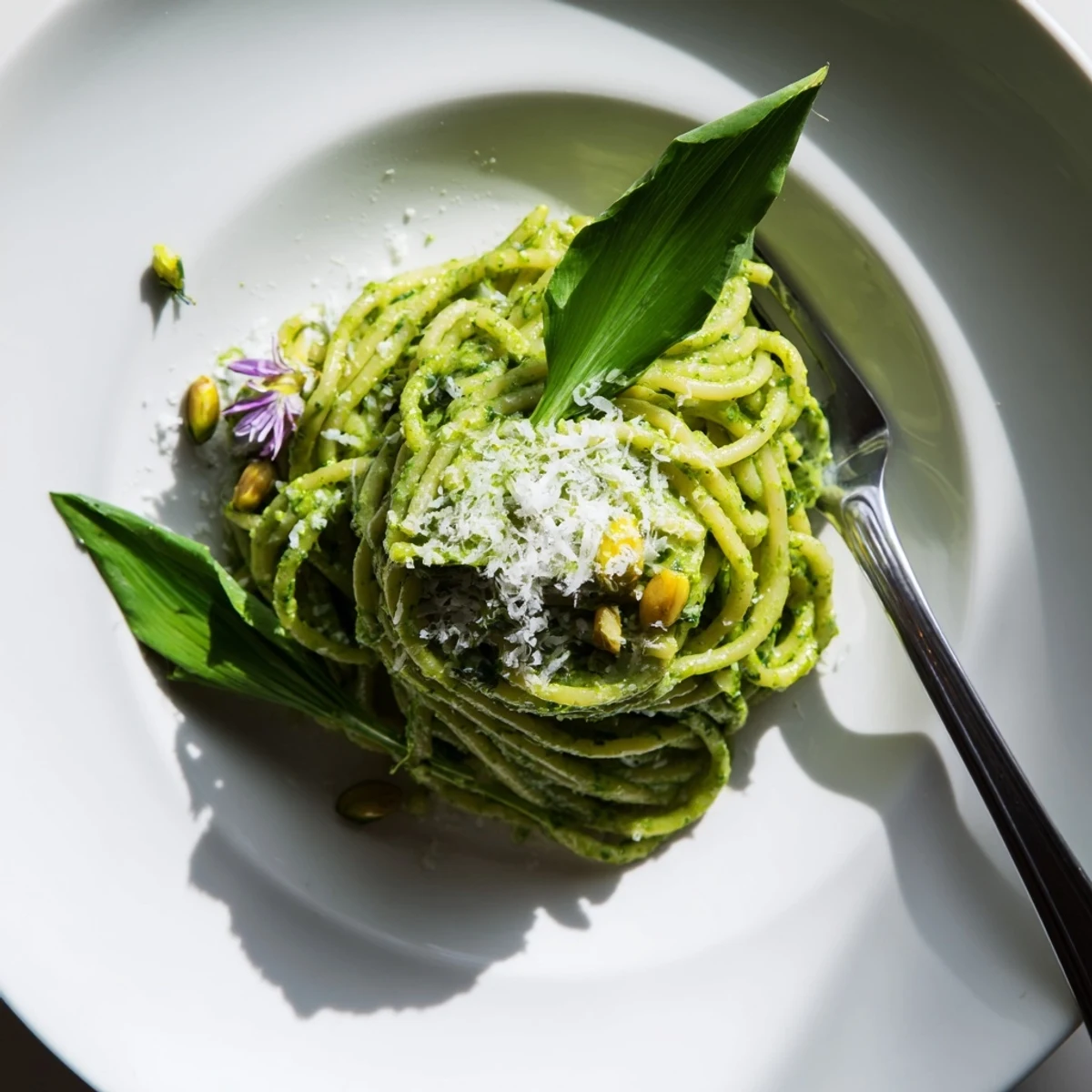 A steaming bowl of wild garlic pesto pasta tossed with fresh Parmesan and pine nuts