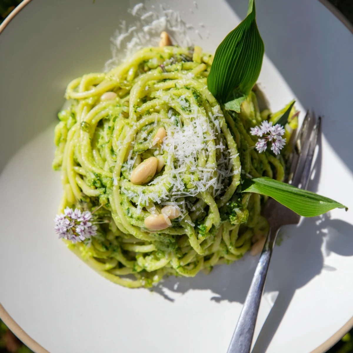 Wild garlic pesto pasta garnished with edible flowers, served al dente in a rustic bowl