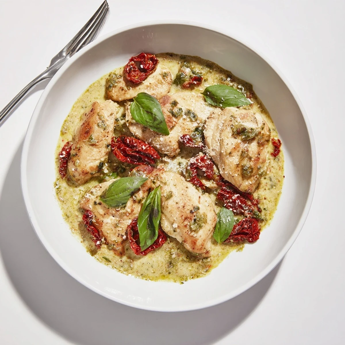 Creamy Marry Me Chicken Pesto in a golden skillet with sun-dried tomatoes and fresh basil