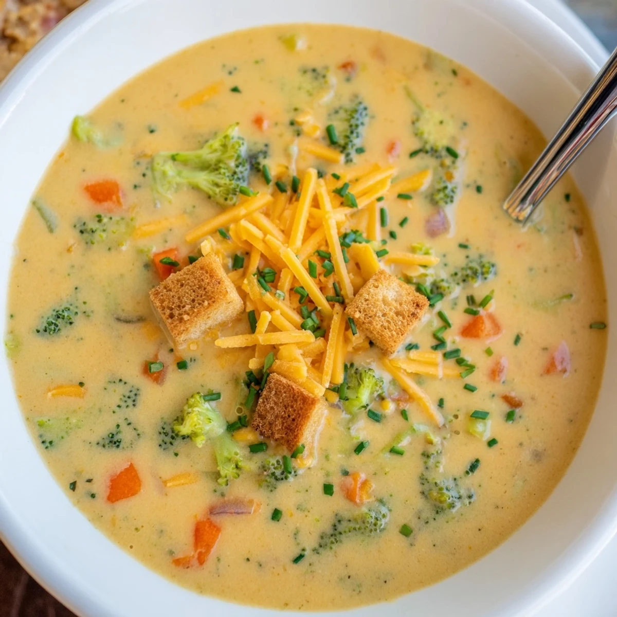 Creamy slow cooker broccoli cheese soup topped with melted cheddar and fresh herbs