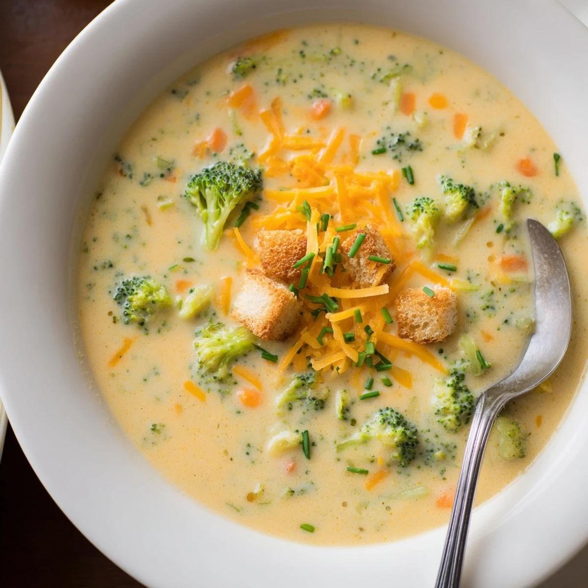Thick and velvety slow cooker broccoli cheese soup ladled into a rustic bread bowl