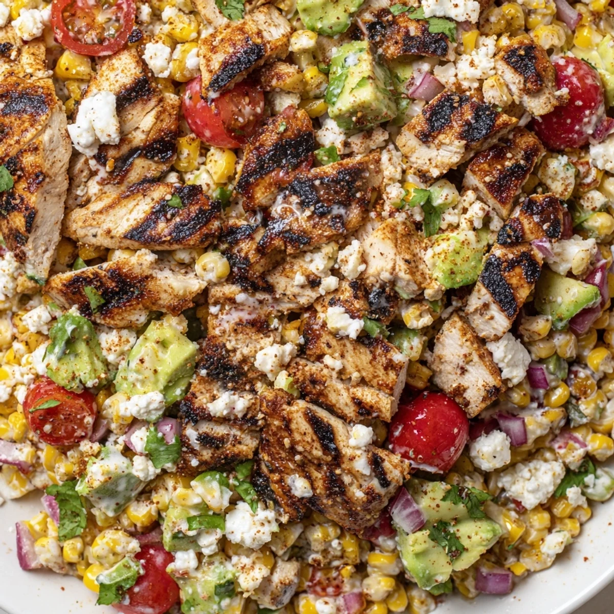 Creamy high protein chicken street corn salad in a rustic white serving bowl