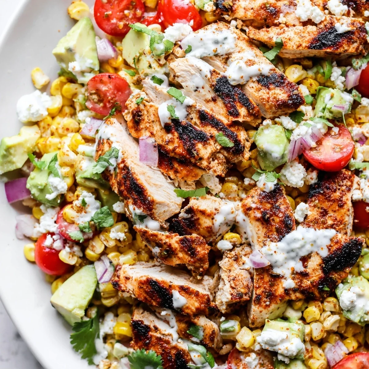 Charred corn kernels glistening in high protein chicken street corn salad with crumbled cotija