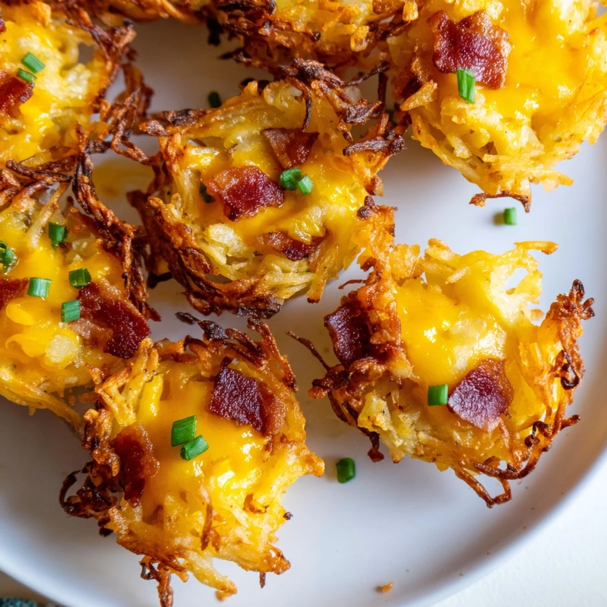 Golden cheesy loaded hashbrown bites topped with crumbled bacon and fresh green onions