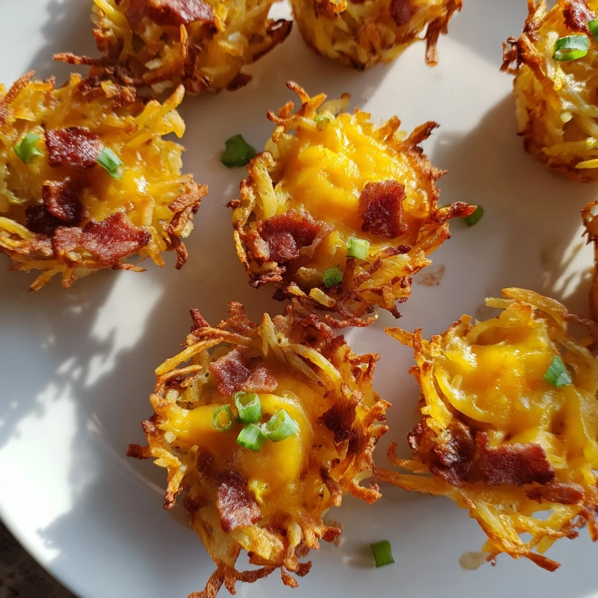 Crispy cheesy loaded hashbrown bites fresh from the oven on a brunch platter