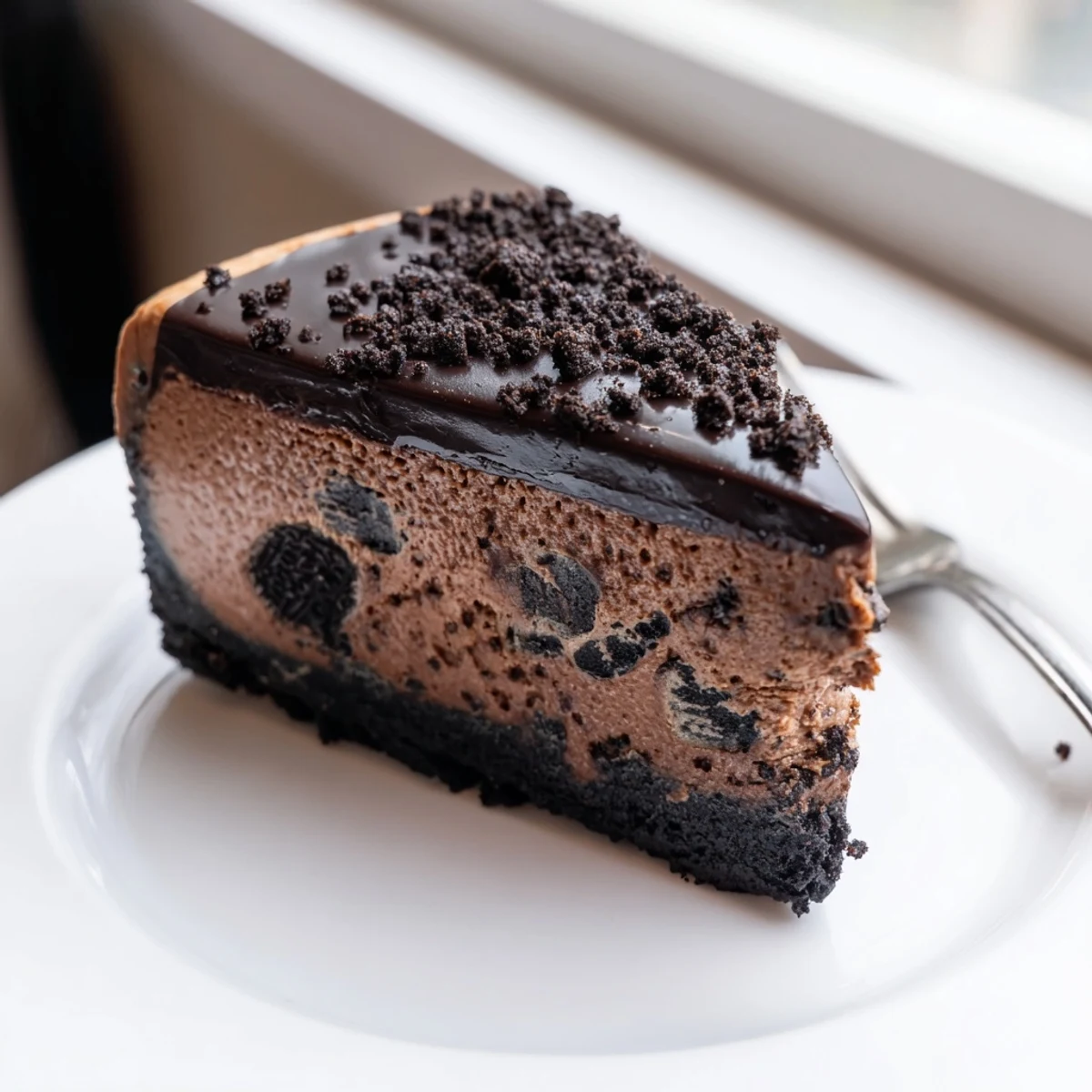 Decadent Oreo chocolate cheesecake crowned with crushed cookies and a smooth chocolate glaze