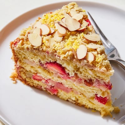 Lemon Rhubarb Strawberry Almond Cake