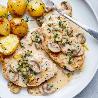Juicy creamy mushroom chicken smothered in velvety sauce beside crispy roasted potatoes