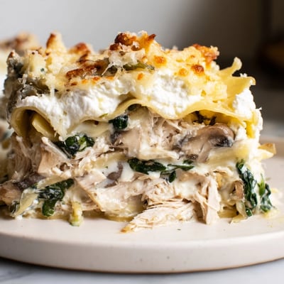 Creamy white chicken lasagna layered with spinach mushrooms and gooey mozzarella