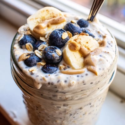 Thick protein overnight oats layered with banana slices and chia seeds