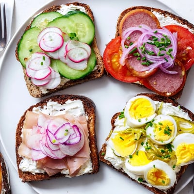 Colorful kanapki arranged on a platter with smoked ham, pickles, and sliced eggs