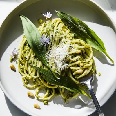 Bright green wild garlic pesto pasta coated in a silky, aromatic sauce on a white plate