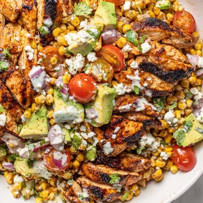 Golden grilled chicken atop vibrant high protein chicken street corn salad with avocado